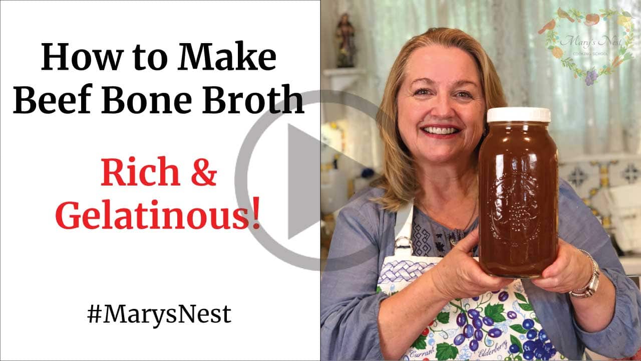 Youtube thumbnail with image of Mary holding a jar of beef bone broth with text on the left side.