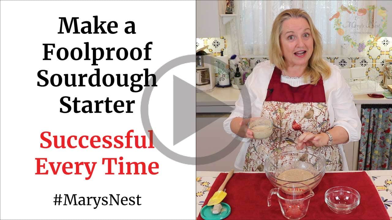 YouTube thumbnail of Mary behind a bowl of sour dough starter and a small bowl of it in her hand.