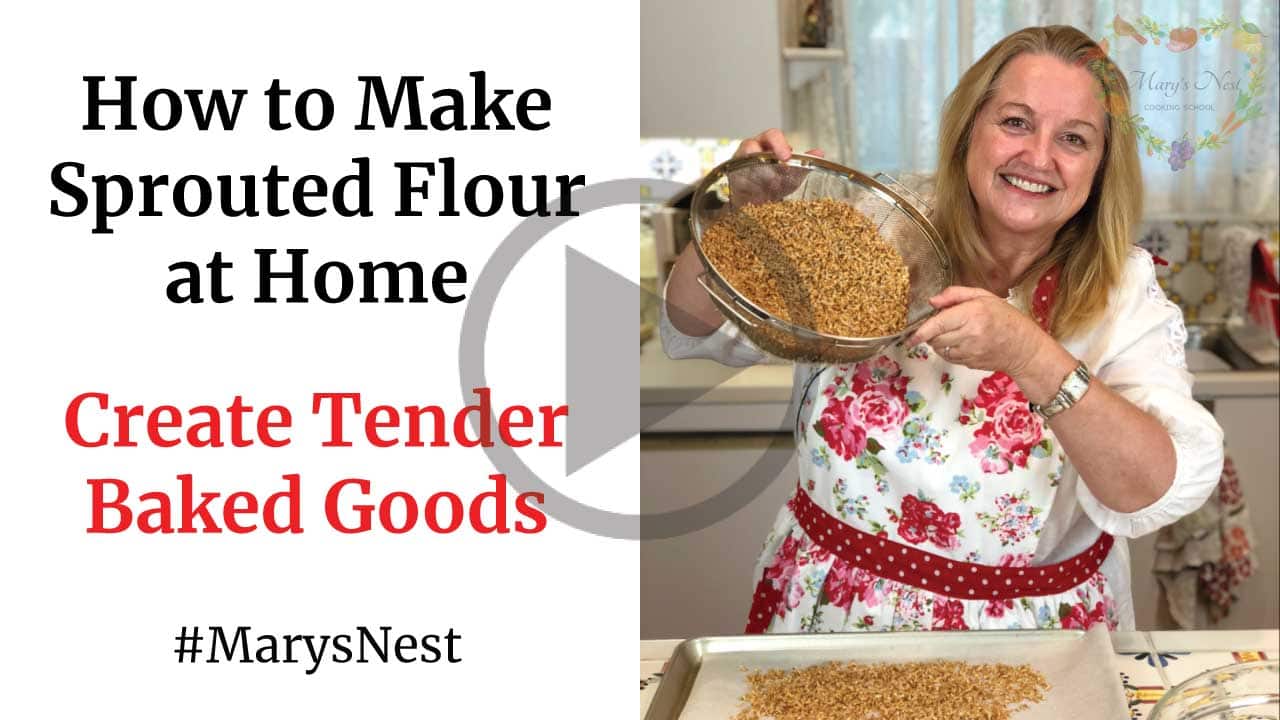 A YouTube video thumbnail with Mary holding up a strainer full of grains and the text How to Make Sprouted Flour at Home on the left.