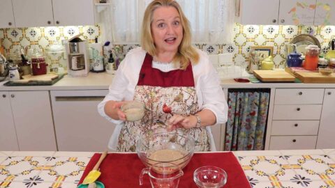 YouTube thumbnail of Mary behind a bowl of sour dough starter and a small bowl of it in her hand.