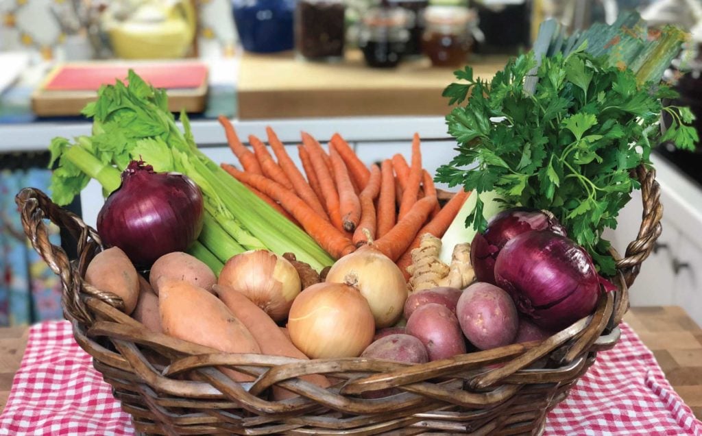 Basket of vegetables used to make Super Mineral Broth.