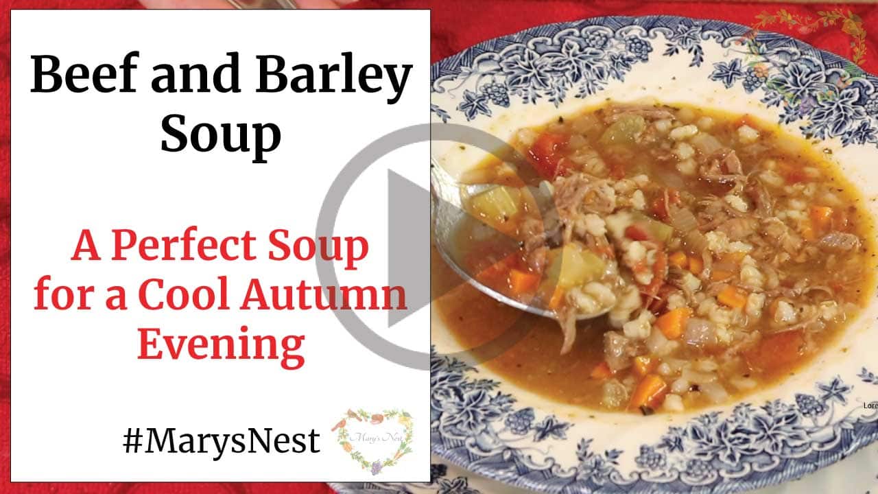 A thumbnail for a beef and barley soup video with image of soup on the right and text on the left.
