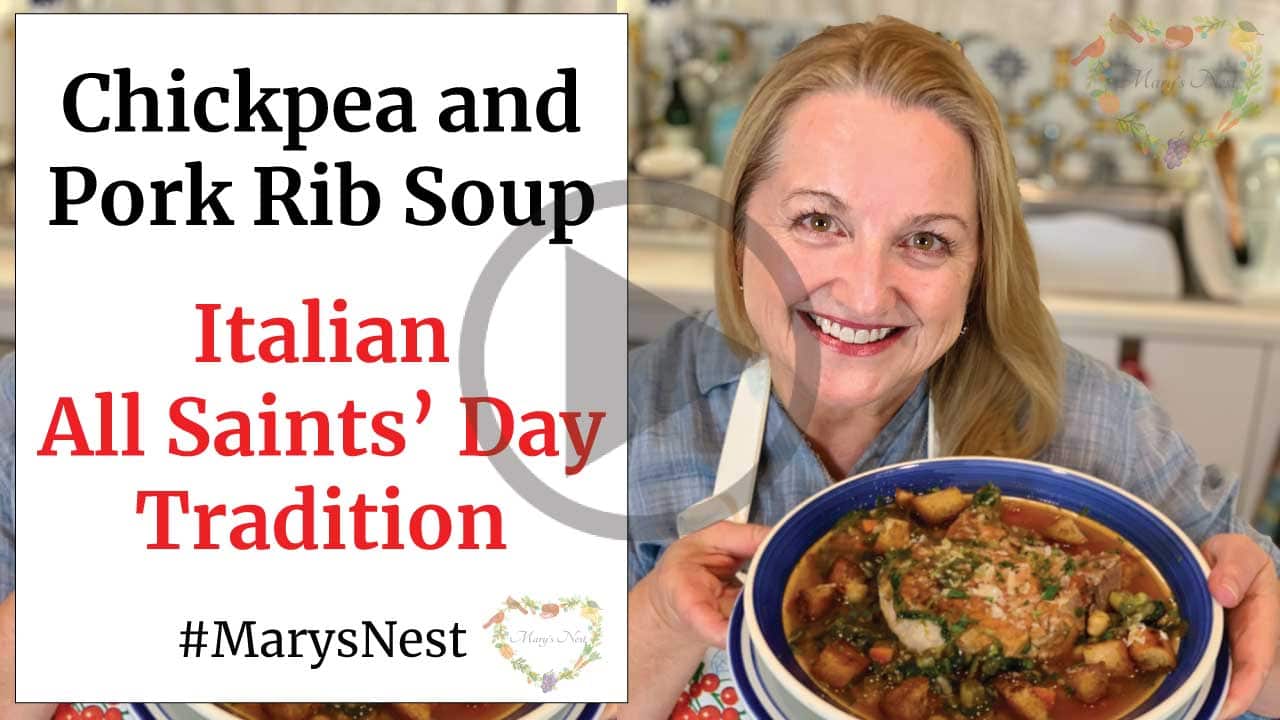 A YouTube thumbnail with an Mary holding up a bowl of soup with text to the left.