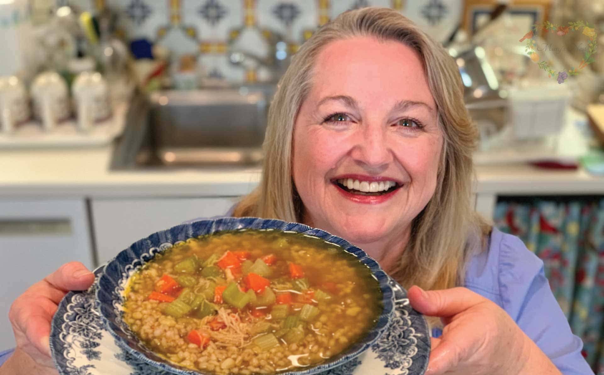 Organic chicken soup with bone broth & fresh garden herbs + home