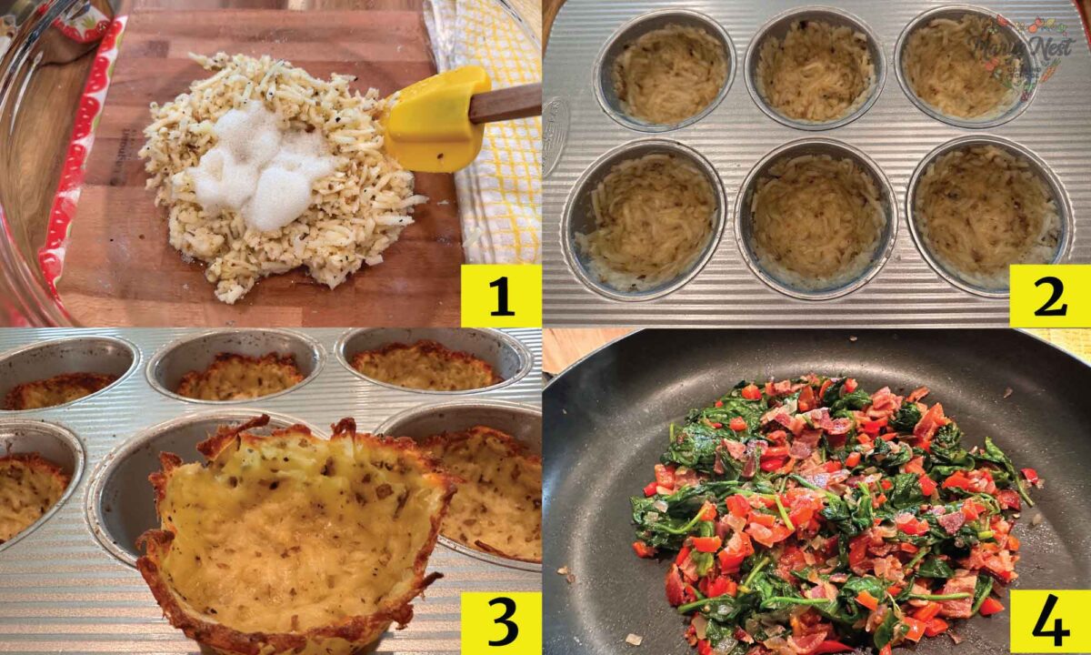 Hash Brown Breakfast Cups: Showing steps 1 through 4