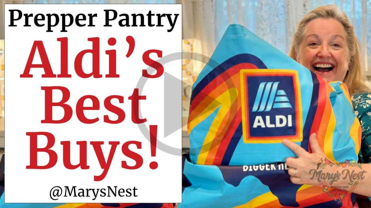 Mary holding a huge Aldi grocery store bag with the accompanying text Aldi's Best Buys!