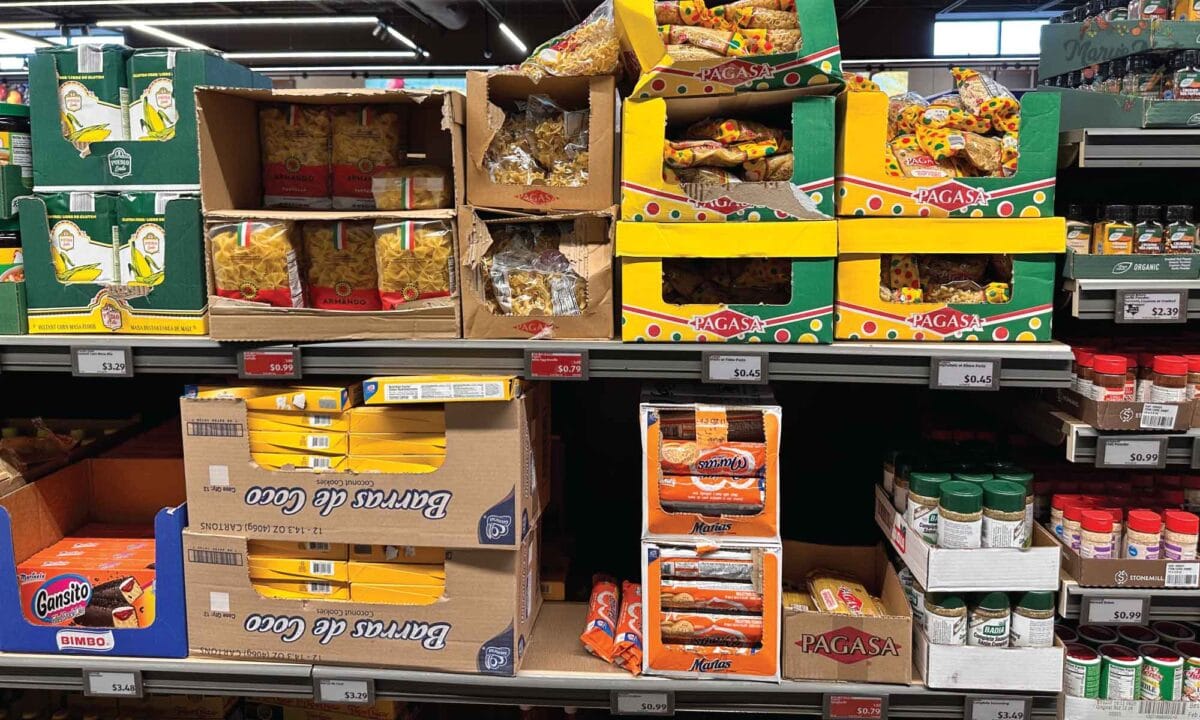 Showing shelves of pasta at Aldi.