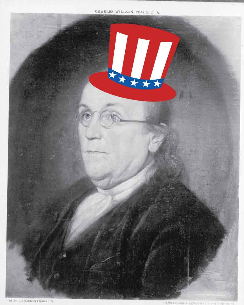 Benjamin Franklin with USA hat from a US Library of Congress portrait.