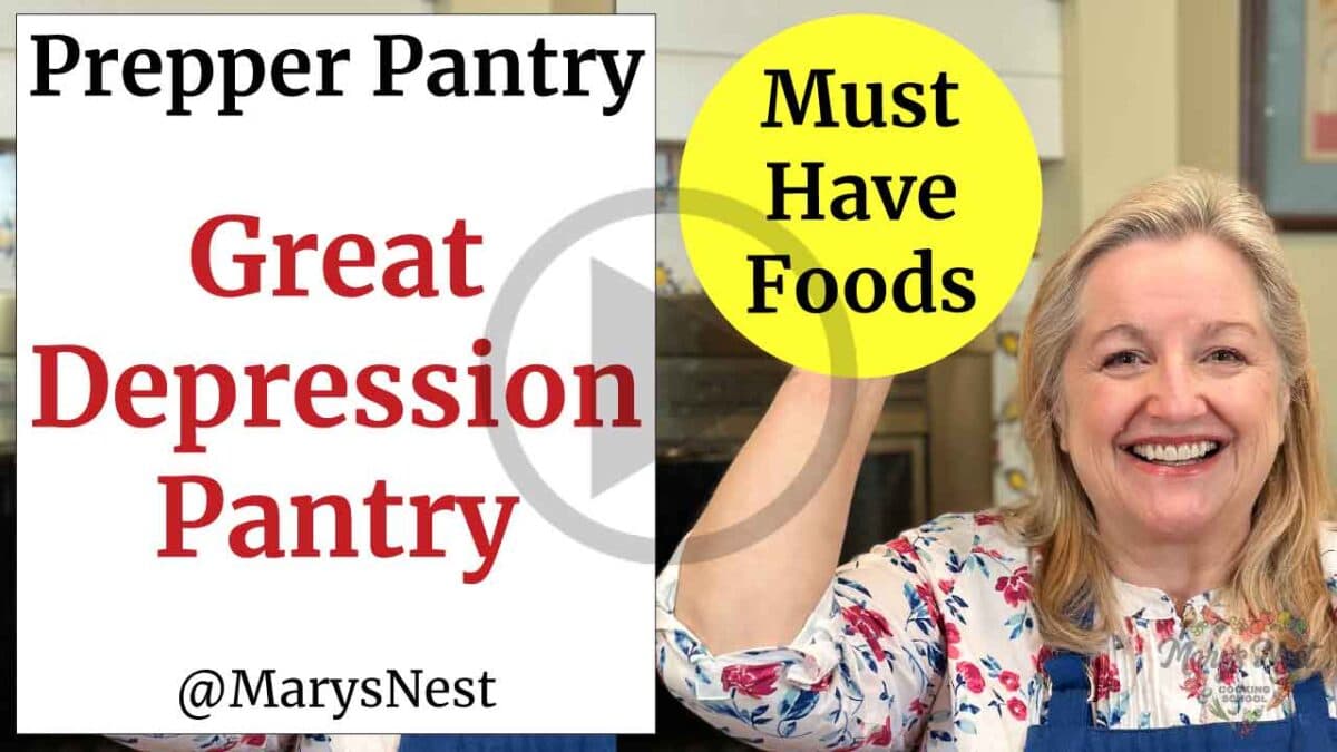 Great Depression Pantry video thumbnail with text Must Have Foods.