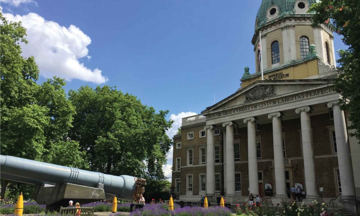 Showing the outside grounds of the Imperial War Museum in London.