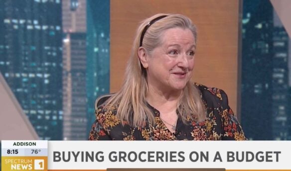 Mary talking about buying groceries on a budget at the Spectrum News Austin studios.