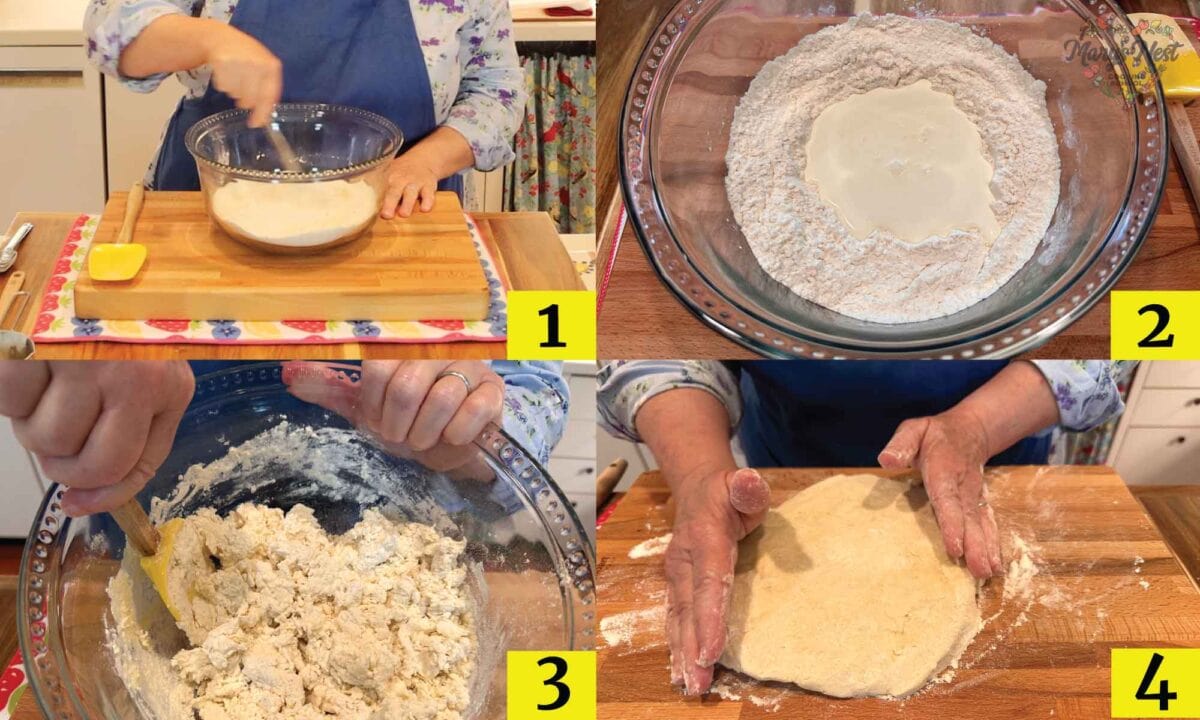 Skillet Biscuit Bread Recipe Steps from mixing the dry and wet ingredients to forming the dough.