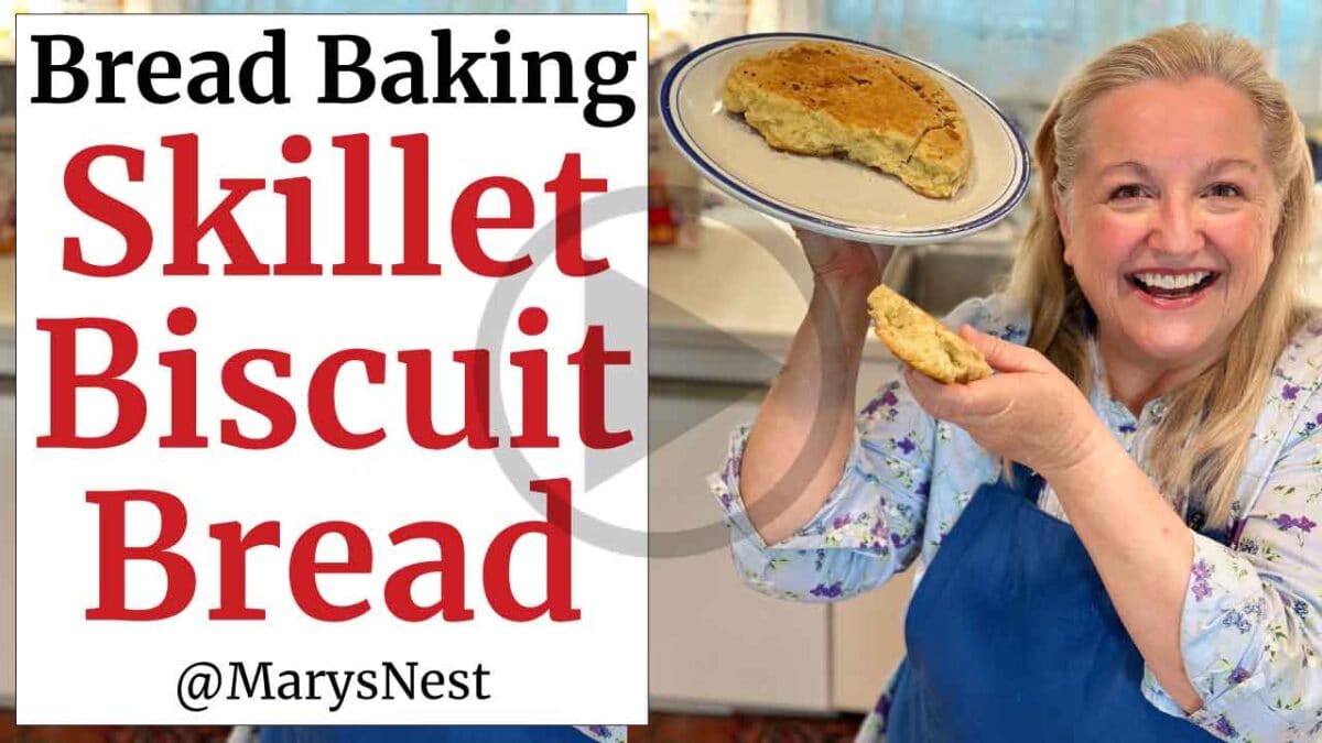Mary holding Skillet Biscuit Bread.
