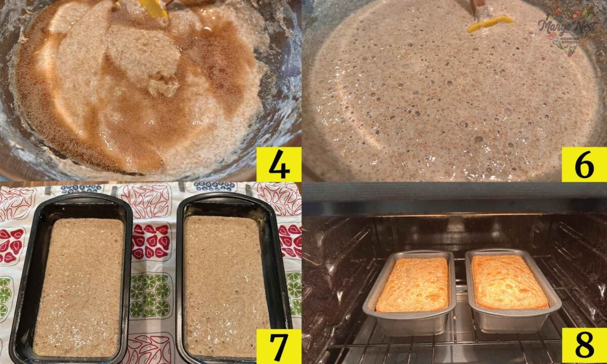 Showing steps 2, 6, 7, and 8 for the Soaked Flour Baking Steps.