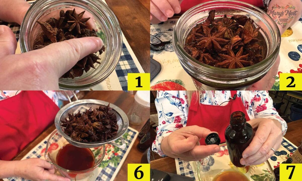 Showing Star Anise Tincture Making Steps 1, 2, 6, and 7